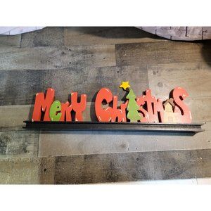 Wooden Merry Christmas tree house sign red green decor